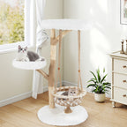 48.5 Inch Solid Wood Cat Tree with Hanging Cradle and Jute Scratching Post-White