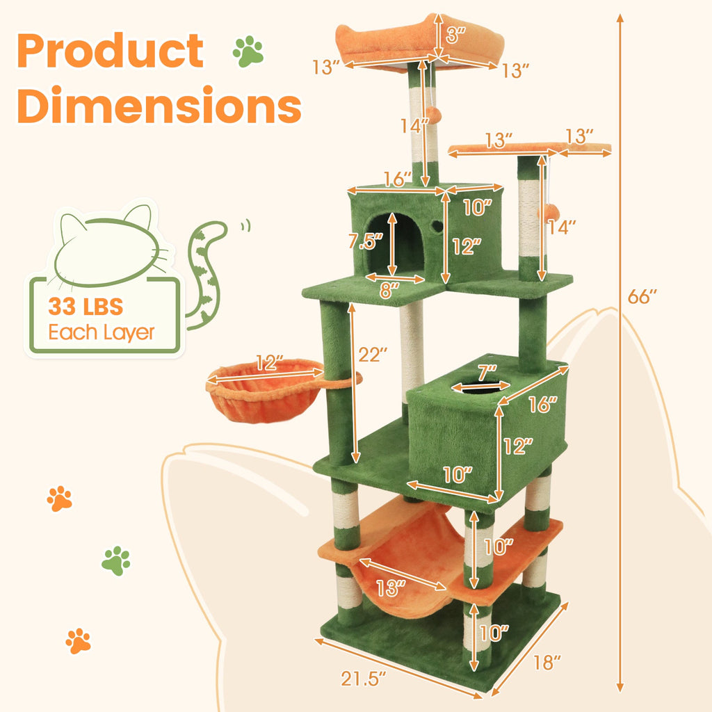 66 Inch Tall Cat Tree Multi-Level Cat Tower with 2 Condos Sisal Scratching Posts