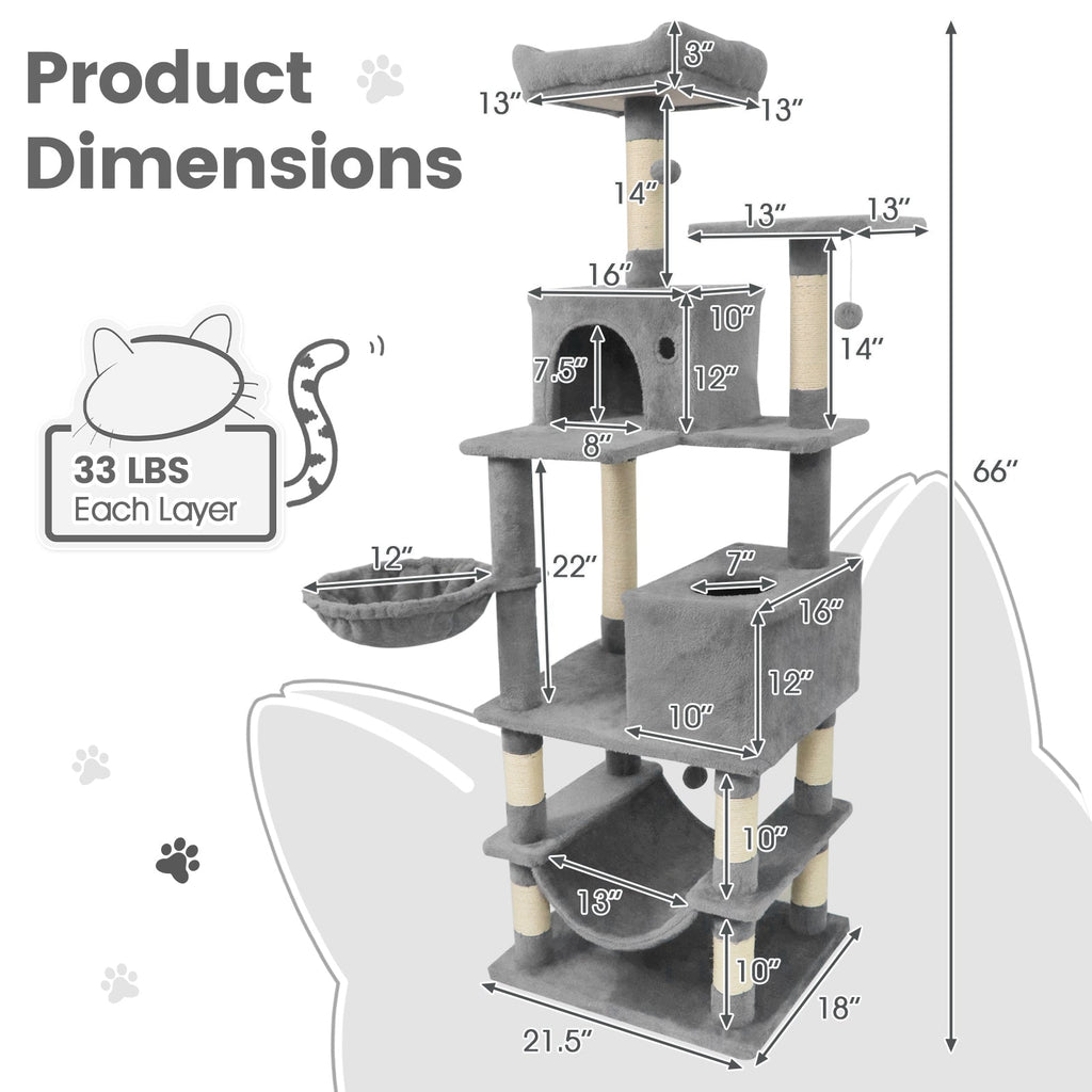 66 Inch Tall Cat Tree Multi-Level Cat Tower with 2 Condos Sisal Scratching Posts