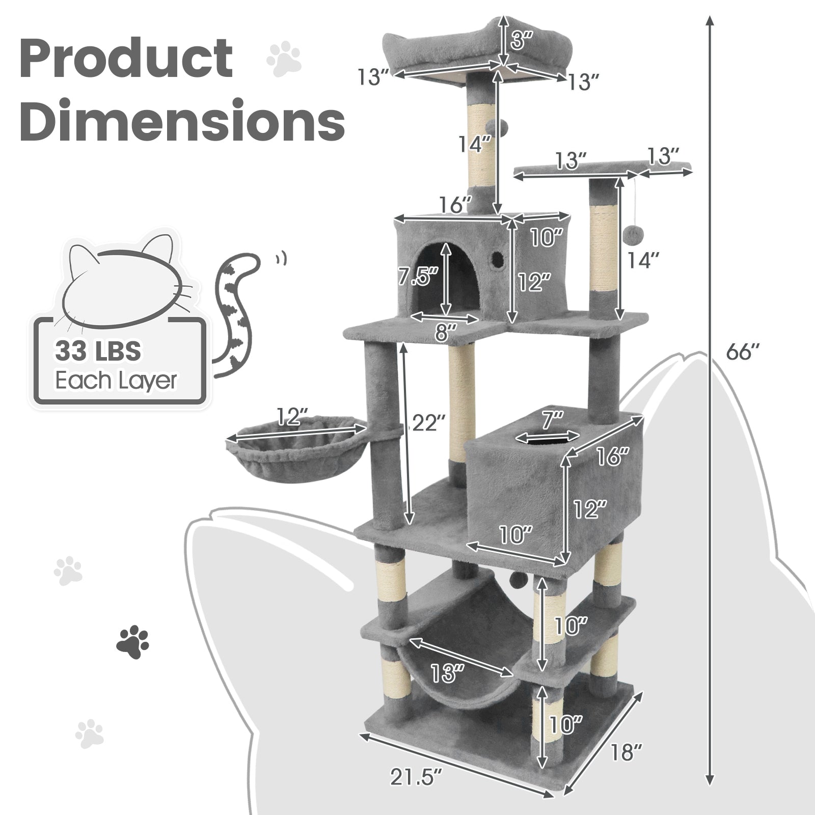 66 Inch Tall Cat Tree Multi-Level Cat Tower with 2 Condos Sisal Scratching Posts