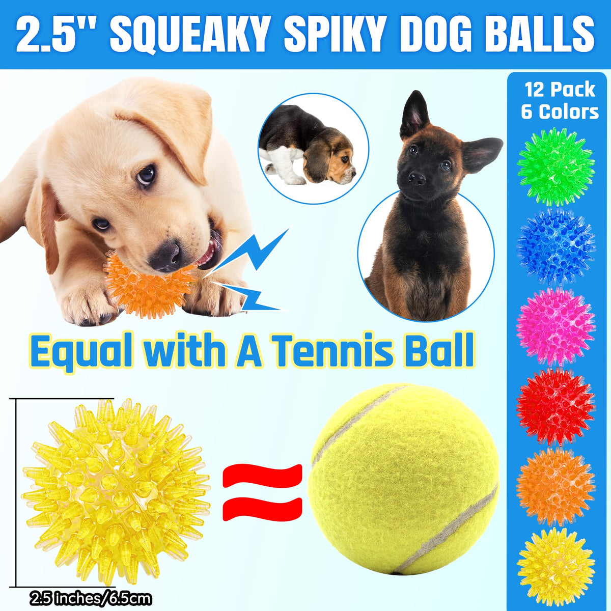 12-Pack Squeaky Spiky Dog Balls, Balls For Small Medium Dogs Durable TPR, Floats, Bouncy, Soothes Gums, Cleans Teeth, Boredom Buster, Interactive Play, Indoor And Outdoor Fetch