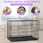 42 Inch Dog Crate, Double Door Folding Metal Wire Dog Cage with Divider and Tray, Pet Kennel Cage for Large Medium Small Dogs, L