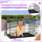 42 Inch Dog Crate, Double Door Folding Metal Wire Dog Cage with Divider and Tray, Pet Kennel Cage for Large Medium Small Dogs, L