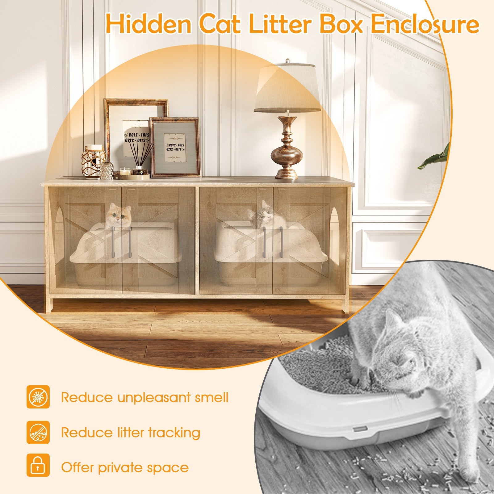 Cat Litter Box Enclosure for 2 Cats Modern Kitty Litter Box Furniture Hidden