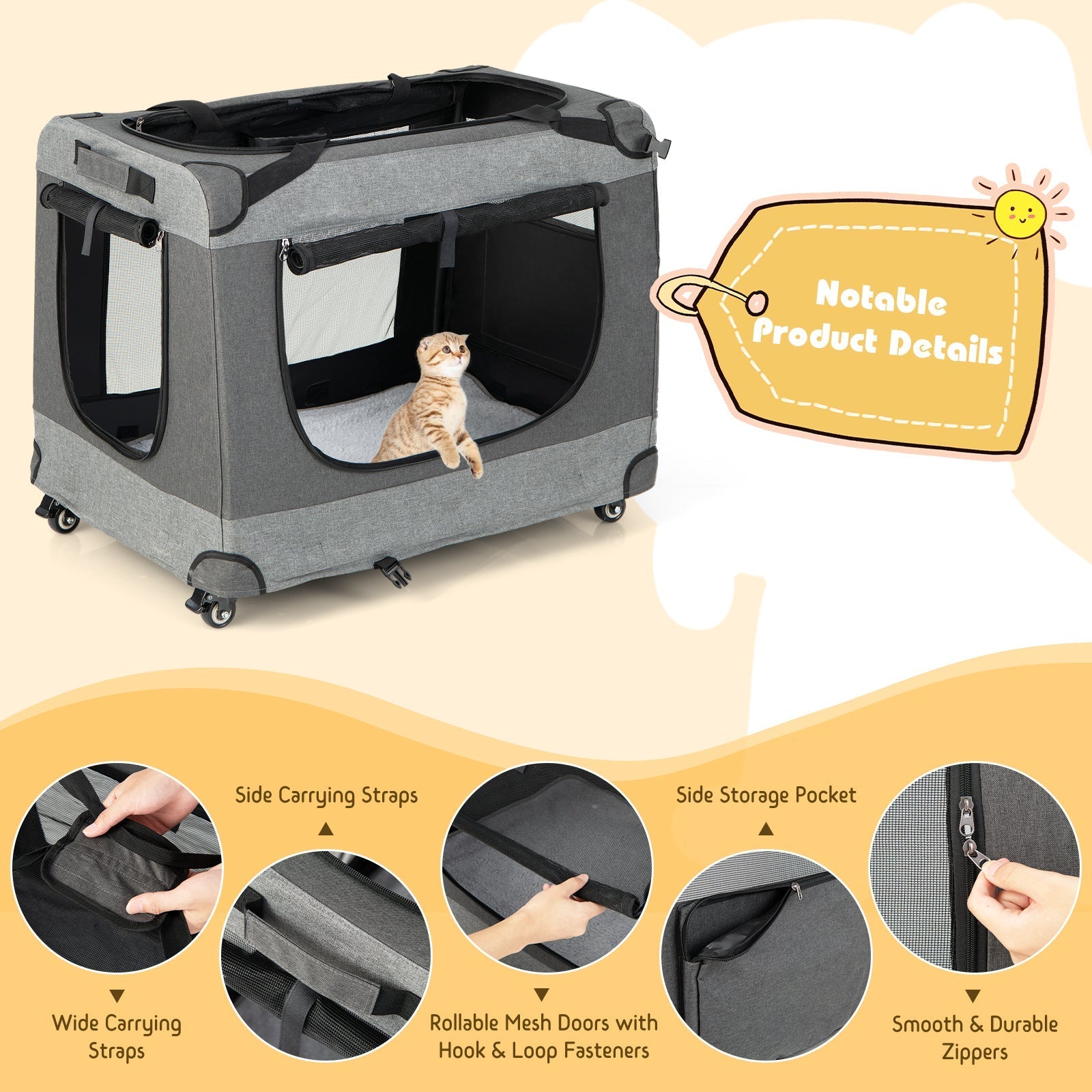 Portable Folding Dog Soft Crate Cat Carrier with 4 Lockable Wheels