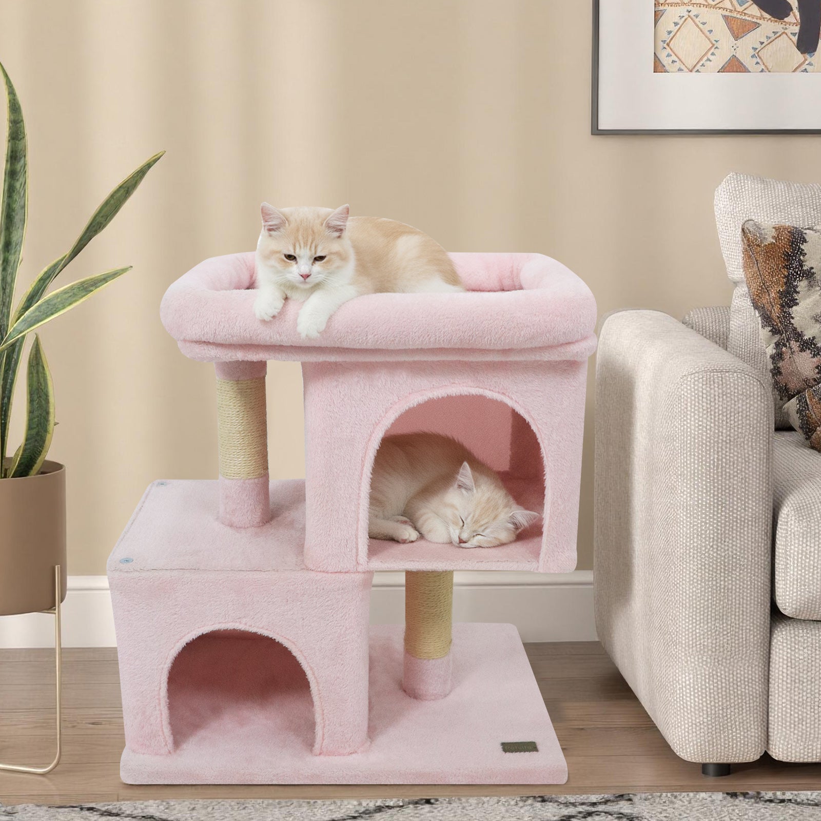 Modern Cat Tree Space-saving Cat Tower with Upholstered Perch and 2 Cat Condos