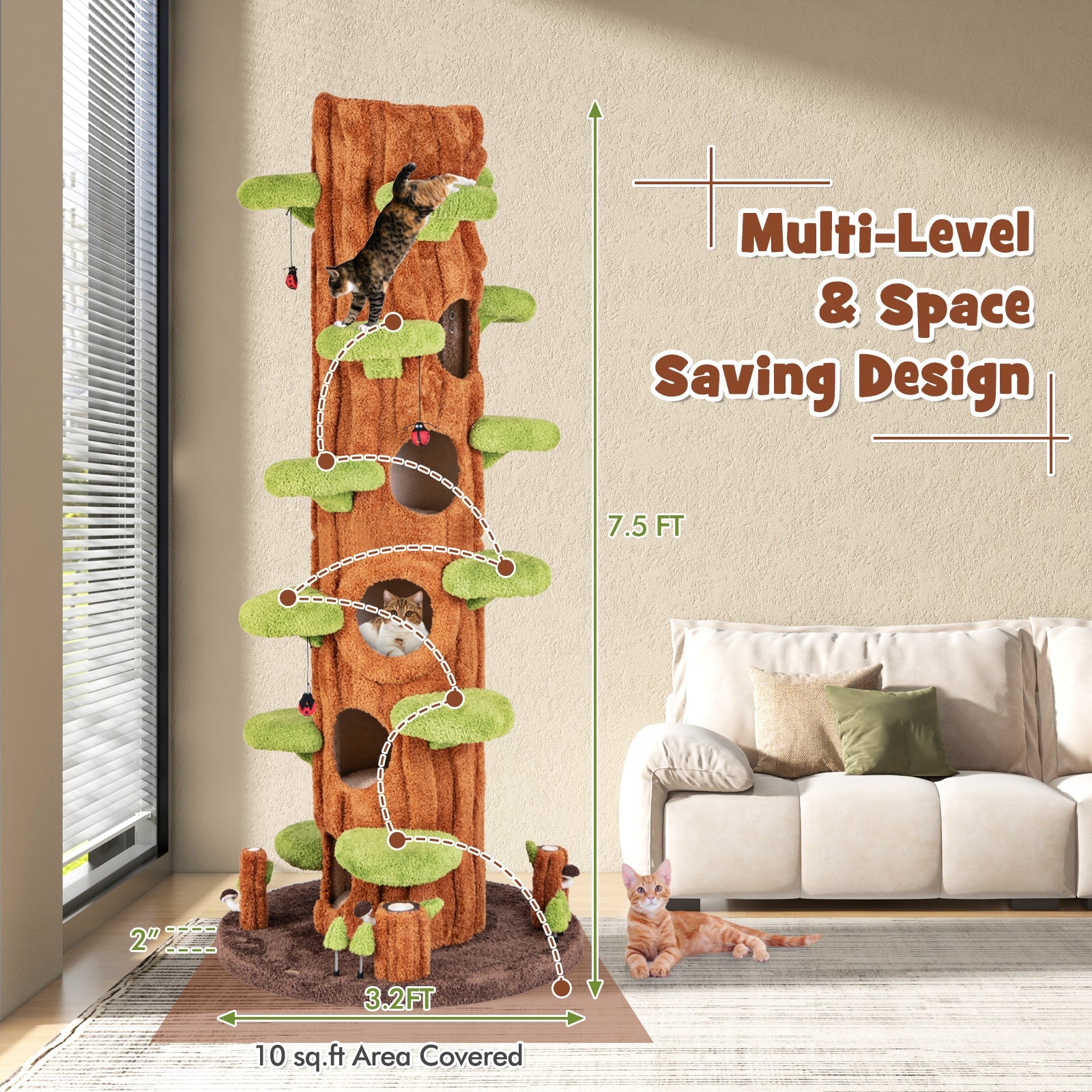 90.5 Inch Tall Multifunctional Cat Tree with Private Condos for Indoor Cats-Brown