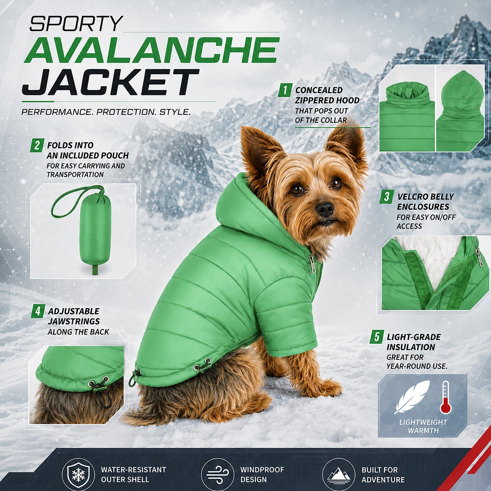 Pet Life ® Lightweight Adjustable and Collapsible 'Sporty Avalanche' Dog Coat w/ Pop-out Zippered Hood